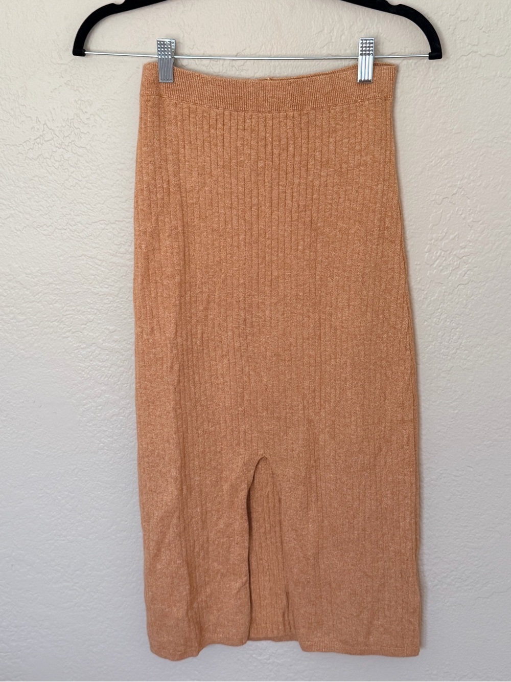 Free People Ribbed Knit Midi Skirt in Peachy Tan